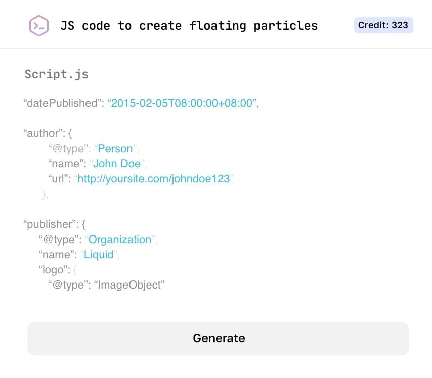 WISEQ AI code generator writing a JavaScript snippet to create floating particles