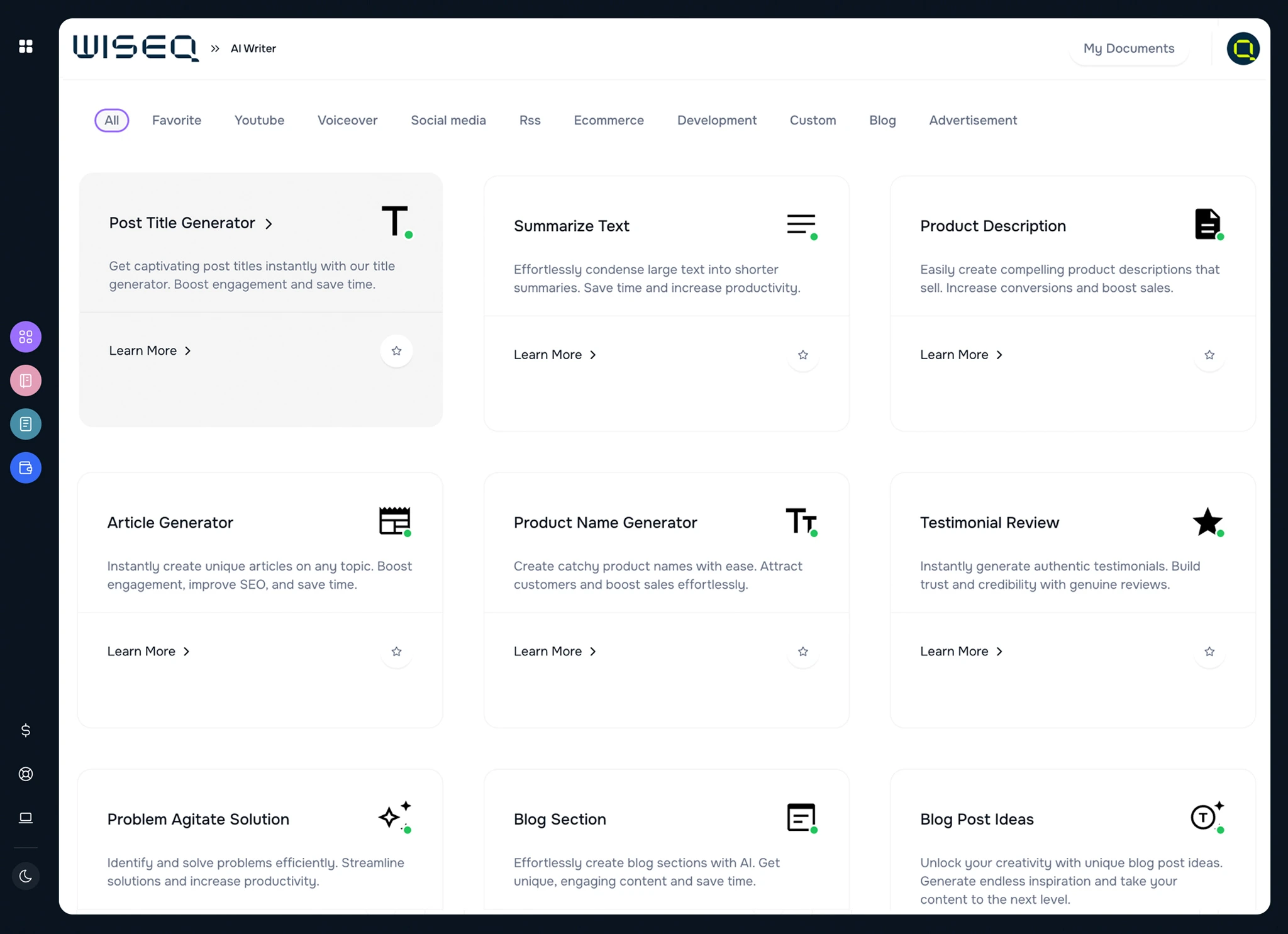 WISEQ AI Writer dashboard showing AI writing templates such as Post Title Generator, Summarize Text, Product Description and Article Generator